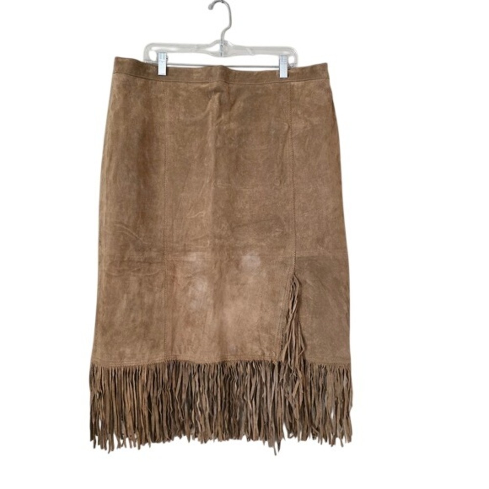 Bagatelle Vintage Tan Suede Leather Fringe Midi‎ Skirt Western Boho Womens Sz 20